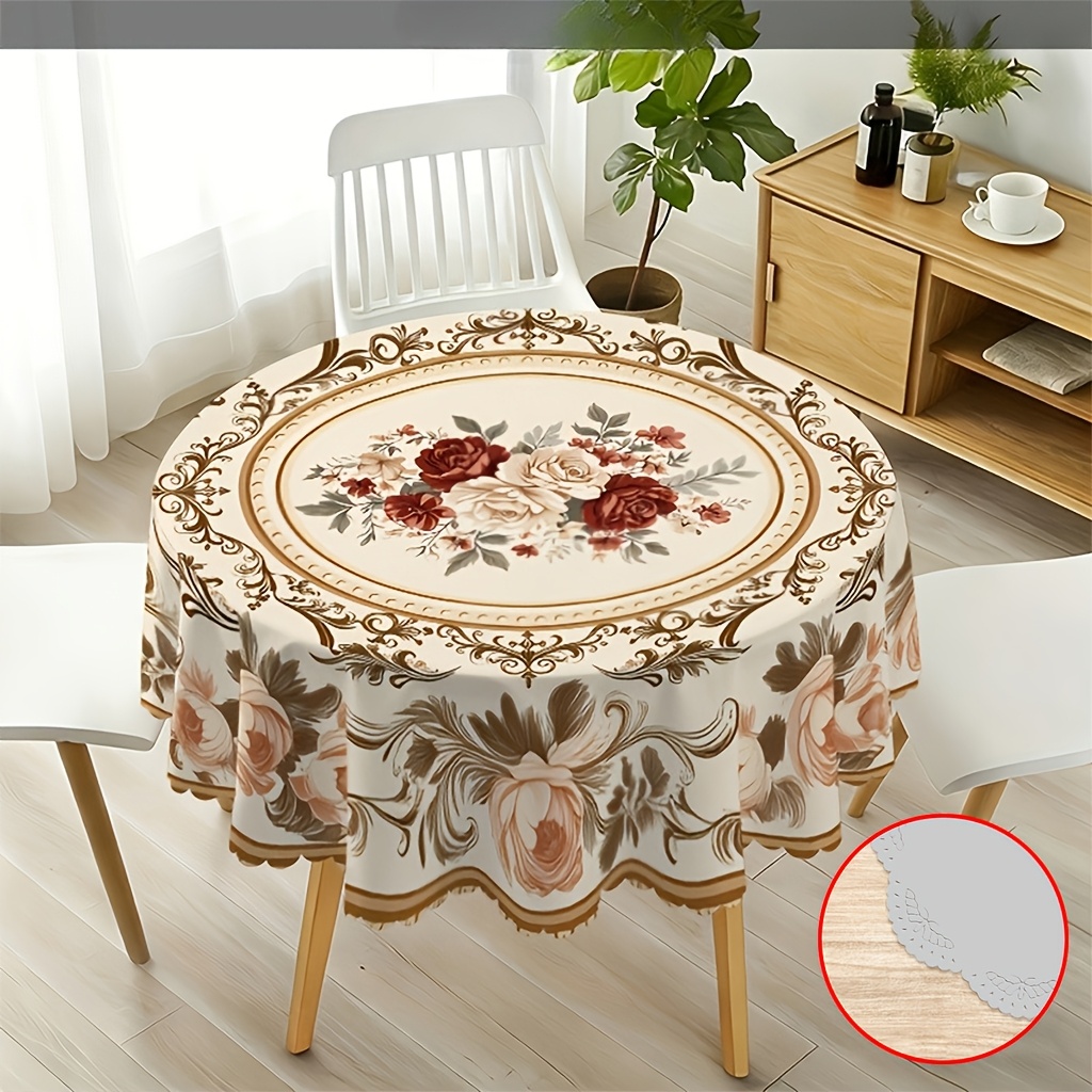 TEMU 1pc European-style Floral Round Tablecloth, Featuring An Elegant Rose Pattern And Vintage Decorative Style With Scalloped Lace Trim. Perfect For