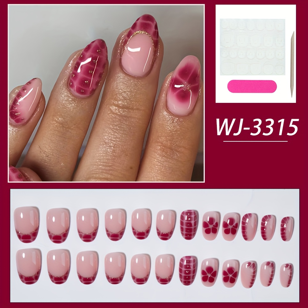 TEMU Uñas postizas cortas y redondas de estilo francés en con diseño floral, 24 piezas de uñas postizas cortas , removibles, iluminador, uñas