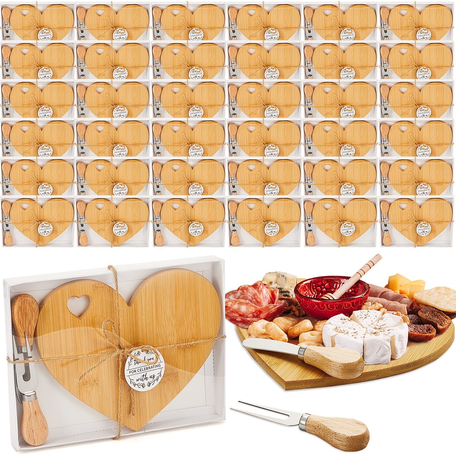 TEMU 36 Set Bridal Shower Favor Heart Cheese Board Cheese Knives Wood Mini Charcuterie Board Thank You Gift Box For Guest Bridal Baby Shower Prize Wedding Birthday Valentines (bamboo Color)