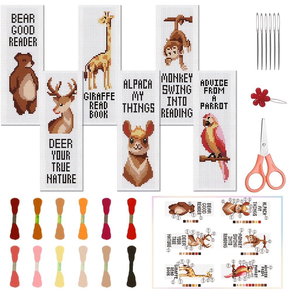 TEMU 6pcs Cross Stitch Bookmark Kit With Animal Pattern Printed Cross Stitch Embroidery Bookmark Set, Includes English Instructions Suitable For