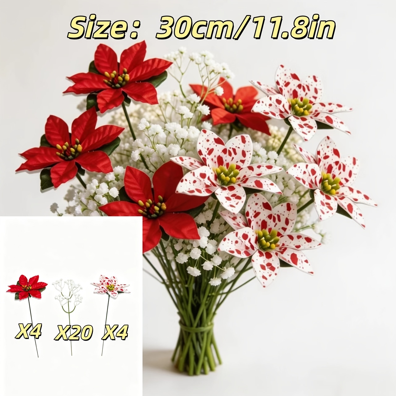 TEMU 28pcs Christmas Red And White Artificial Flower Bouquet, Poinsettia And Baby's Breath - Self- Decorative Artificial Flowers, Uv-resistant, Self-