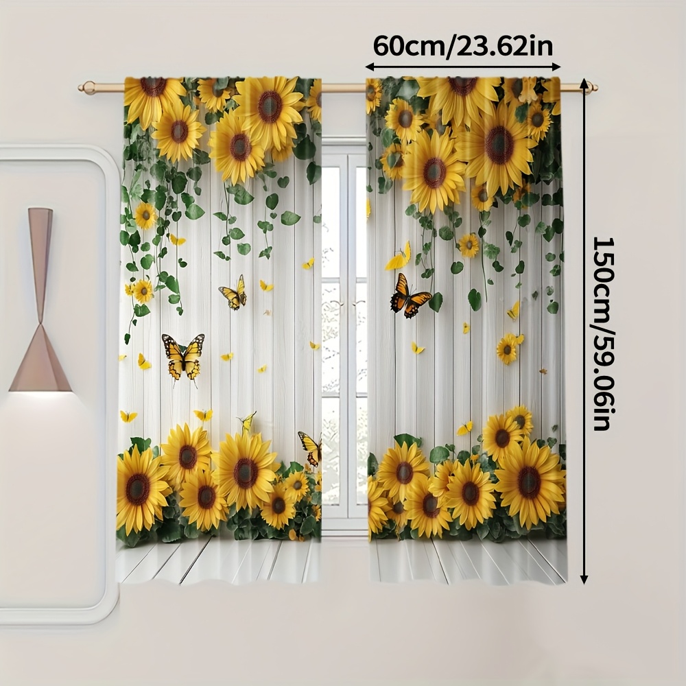 TEMU 2pcs, Nature Landscape Print Curtains, Sunflowers And Butterflies, Machine Washable Fabric, For Living Room, Bedroom, Kitchen,(without Rod)