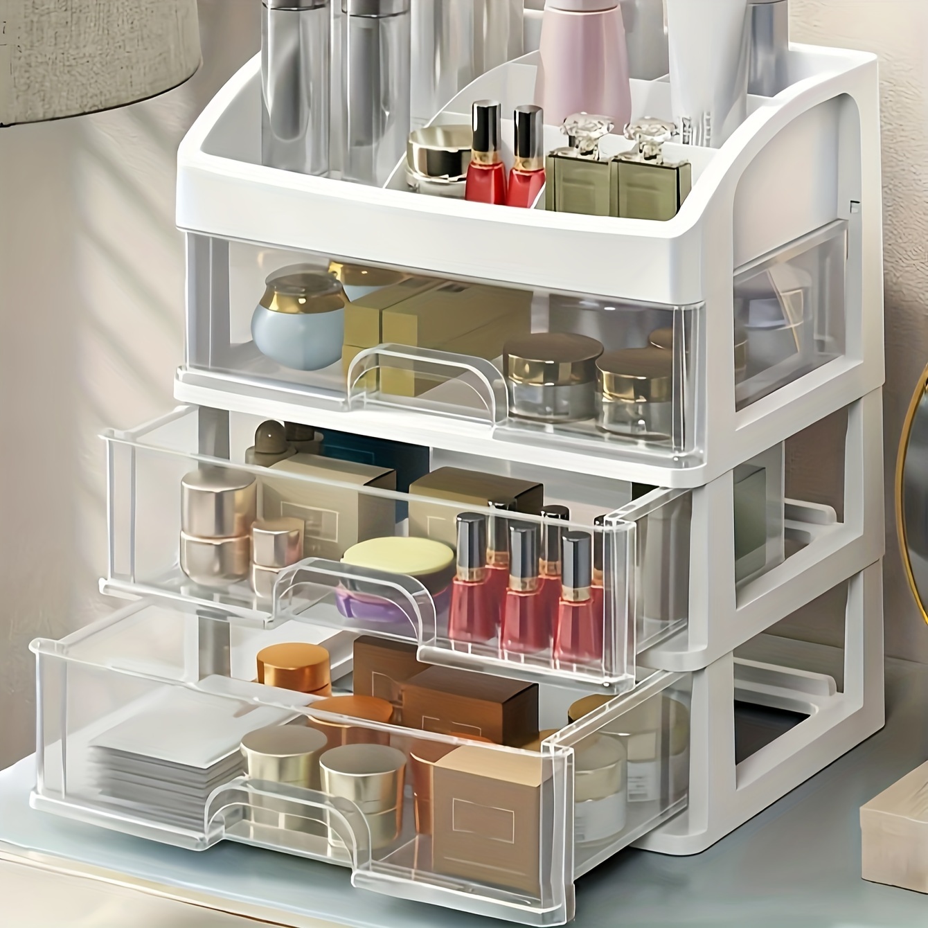

4-tier Transparent Cosmetics Organizer: Large Capacity, Drawer Storage, Suitable For Bathrooms, Includes Shelf For Lipsticks, Nail Polishes, And Makeup Brushes
