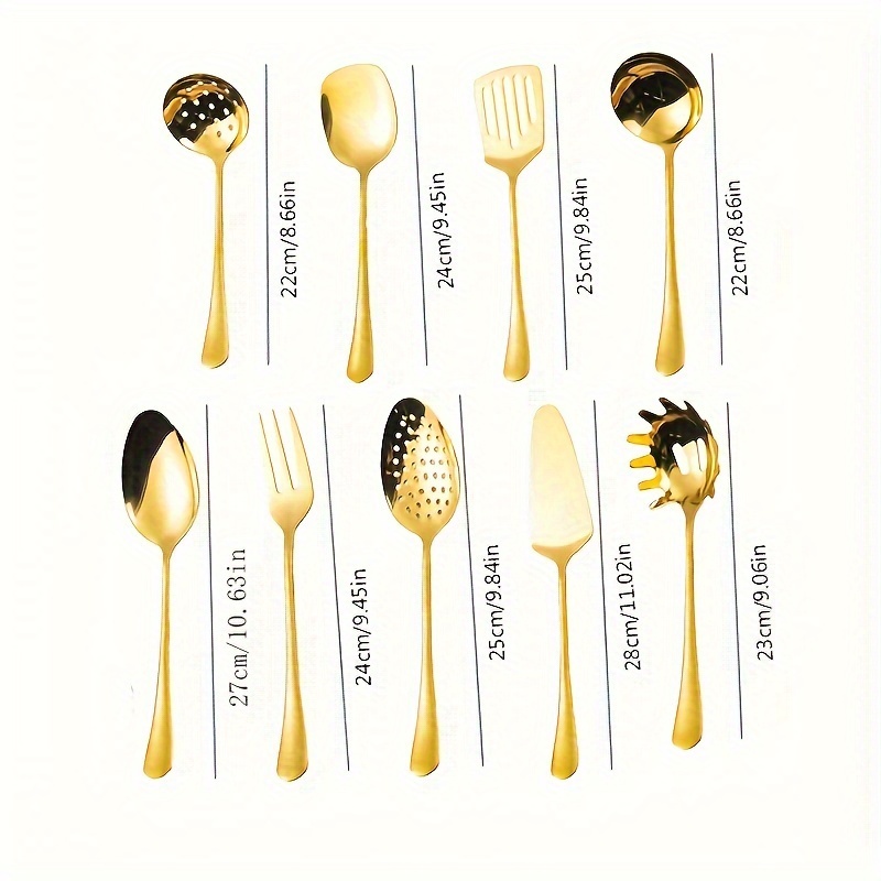 9pcs Gold Plated Stainless Steel Kitchen Utensil Set Mirror Polished Golden Cutlery Most Of Your Needs At Suitable For Restaurant Hotels, Ideal For Buffets, Parties, Banquets, Weddings