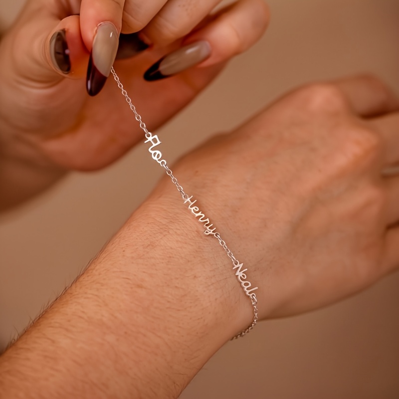 TEMU Bracelet personnalisé 1 pièce pour femme, style écriture manuscrite avec plusieurs , acier inoxydable 304L, hypoallergénique et résistant à la