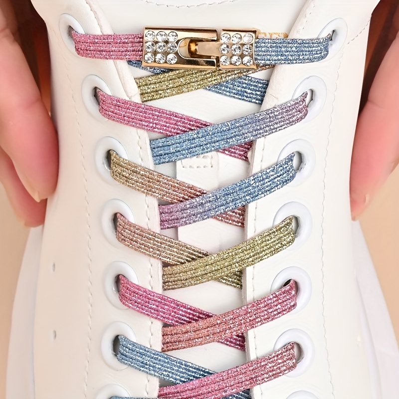 1 Pair of Rhinestone Buckle Shoelaces, No Need to Take Off Shoes, 2 Elastic Bands and 2 Shoe Lace Buckles, Colorful Fashion Gradient Rainbow Laces Suitable for Casual Shoes and Sports Shoes