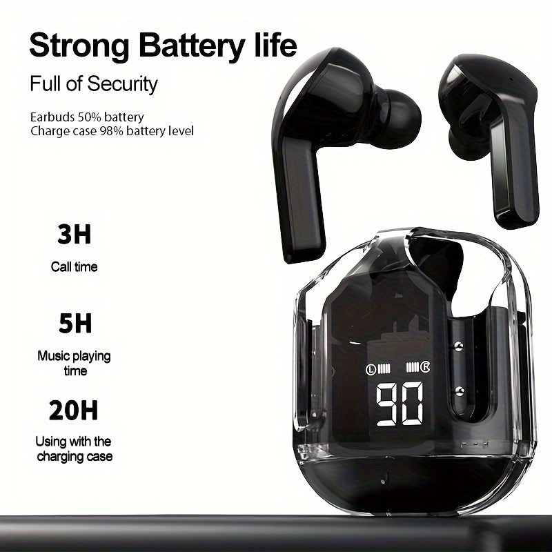 1 Pair Transparent TWS Wireless Earbuds with LED Power Display, Sports & Exercise In-Ear Headphones, Volume Control, Compatible with Smartphones, Condenser Mic, Rechargeable Lithium Polymer Battery, Type-C Charging, for Gaming, Music, Business - Ideal Gift