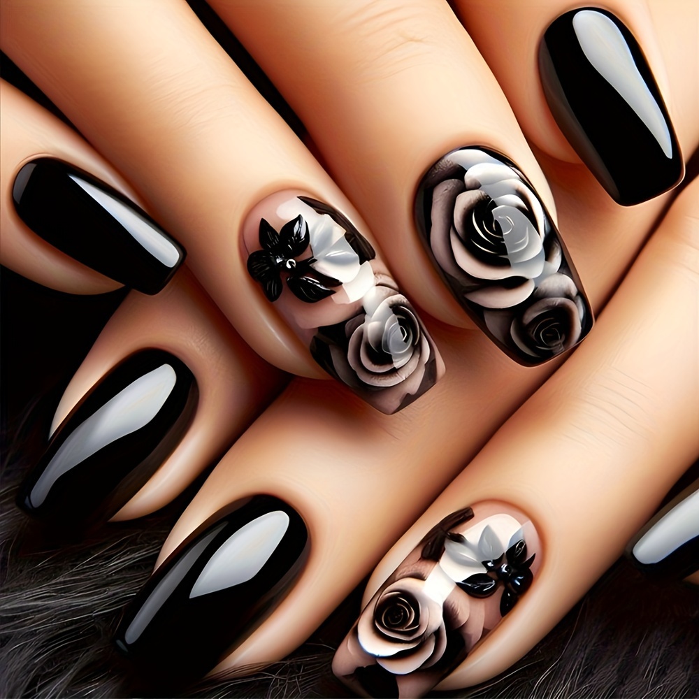 24pcs Set Chic Black Floral Coffin Press-on Nails - Glossy, Short Ballet-style Fake Nails With Elegant , Reusable For Women