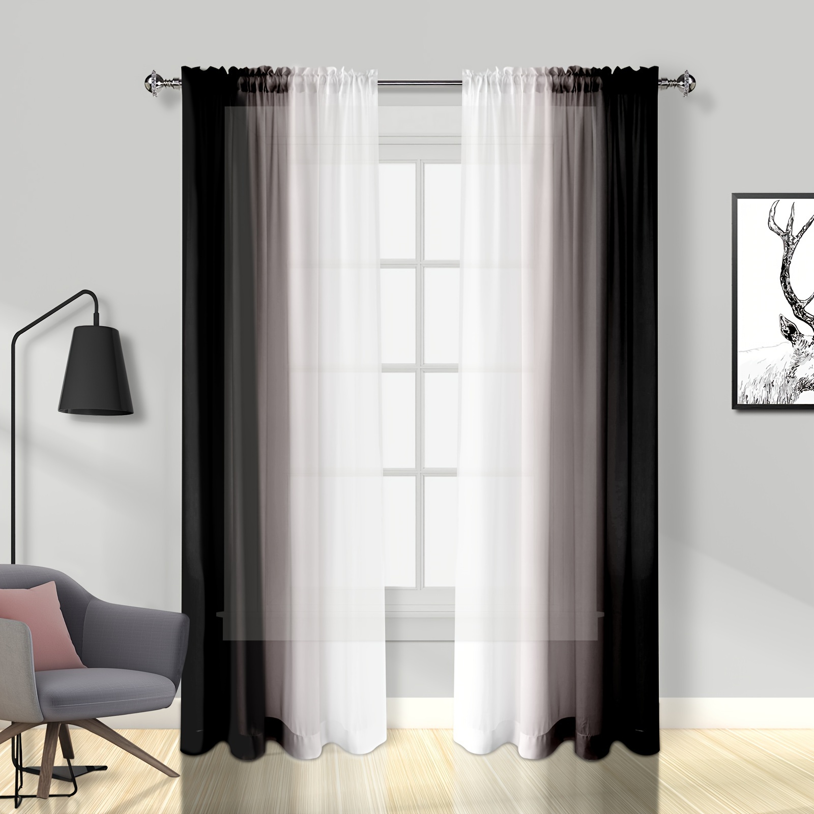 

2 Panels Ombre Sheer Curtains For Living Room, Bedroom Chiffon Black White Gradient Rod Pocket Voile Drapes