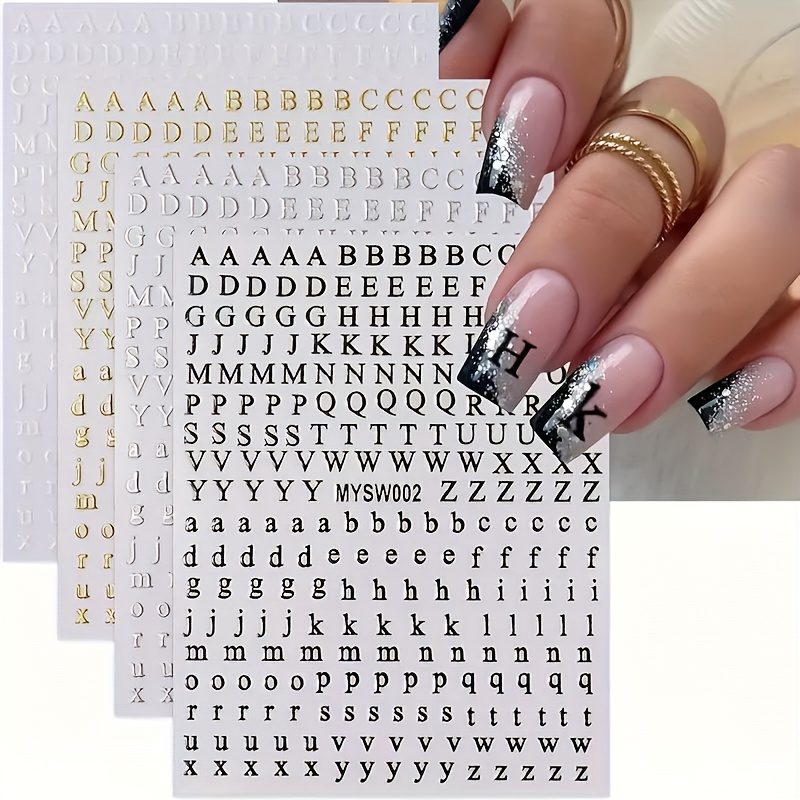 4pcs 3d Self-adhesive Letter Nail Stickers, English Letter Stickers, Black, White, Golden And Silvery Letter Stickers, Name Stickers, Puppy Name Stickers, Craft Stickers, Nail Stickers