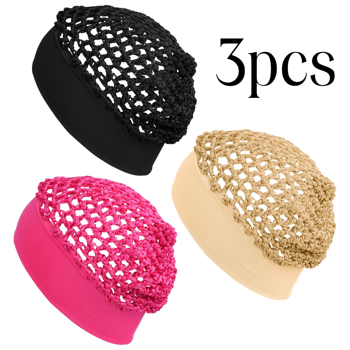 TEMU 3 Piezas Gorro de Red de Punto Crochet Elástico de - Elegante Cubre Cabello para Dormir y Uso Diario con Banda Elástica, Malla y Transpirable