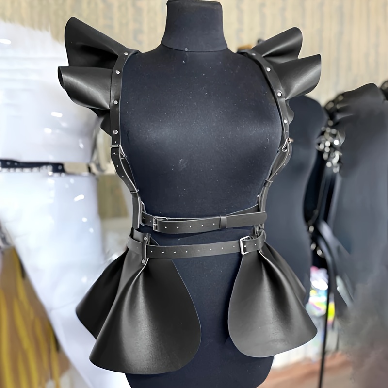 

1pc Punk Y2k Style Women's Leather Harness Mini Skirt With Ruffle Hem - Rivet Accents, Non-textile, For Parties, College, Daily, Weekend, Mature, Night Out - Fashionable Bell-shaped Short Skirt