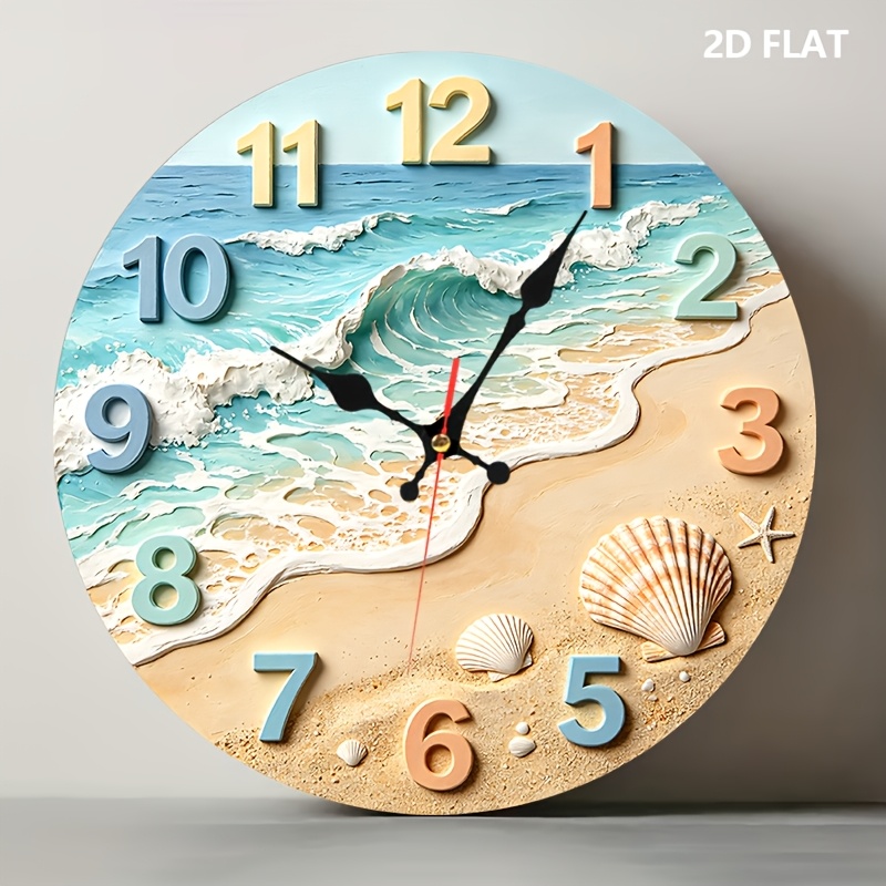 TEMU 2d Flat 1pc Ocean Seashell Starfish Coastal Decorative Printed Lightweight Indoor Battery Operated Silent Wall Clock Non Ticking Easy To Read