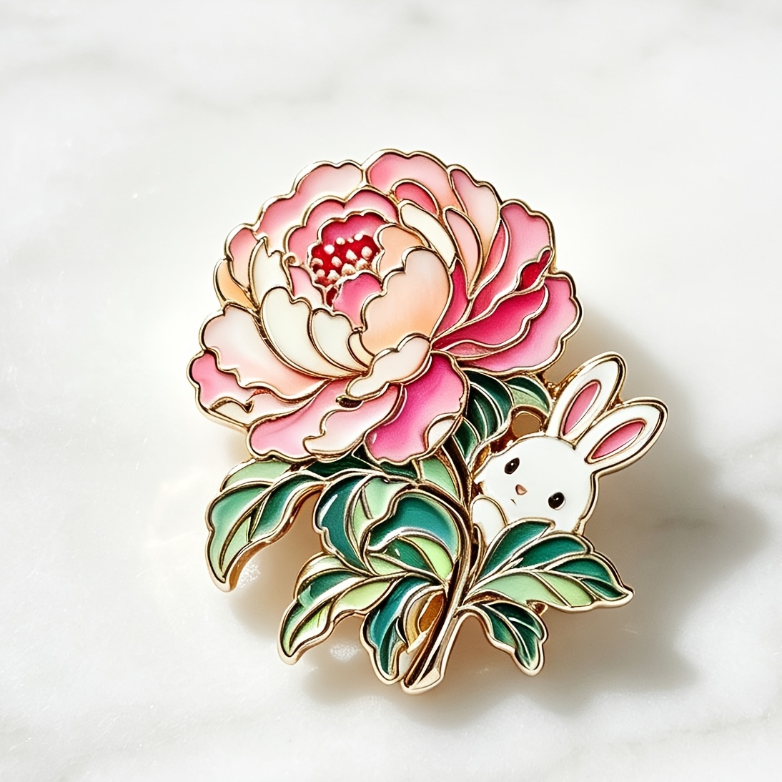 TEMU Gradient Pink Peony Branch White Rabbit Lacquered Badge, Chinese Retro Floral Flower Badge, Casual Clothing Packaging Decor All-match