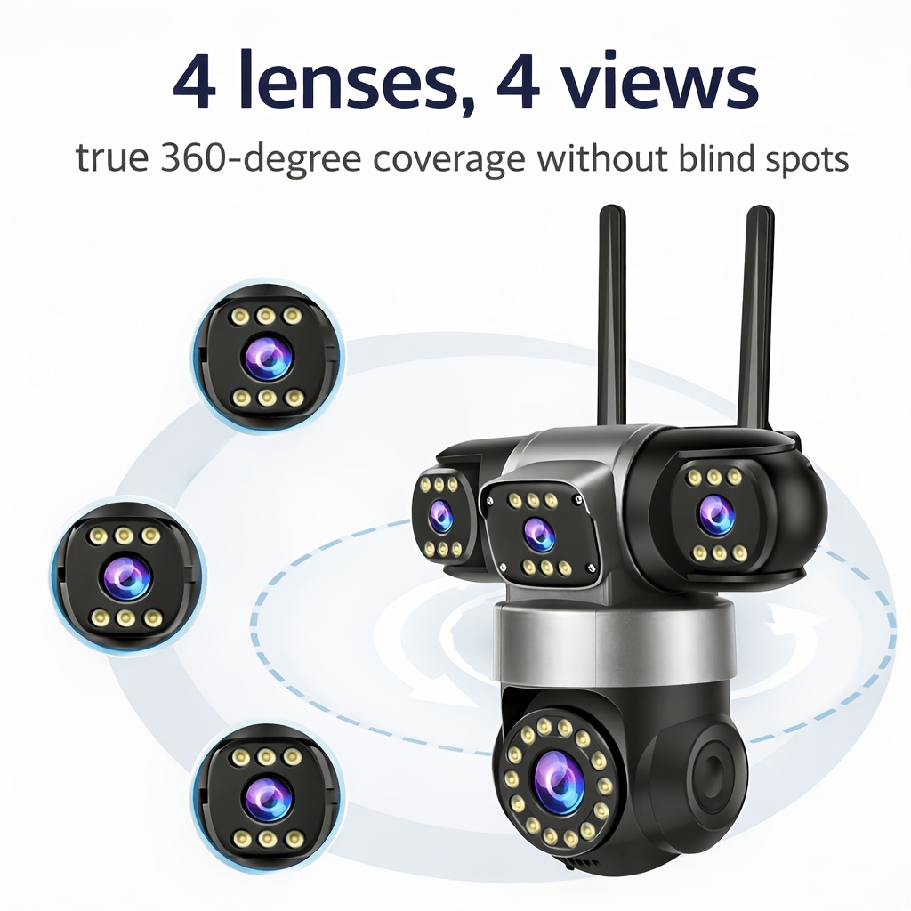 4MP QHD Home Security Outdoor WiFi Camera 4 Lens 4 Screen Home Security Camera (power Adapter Not Included) Outdoor Wireless Camera, 2.4GHz WiFi, 360°PTZ Pan/Tilt Rotation, Motion Detection Tracking, Two-Way Voice Intercom, Full Color Night Vision