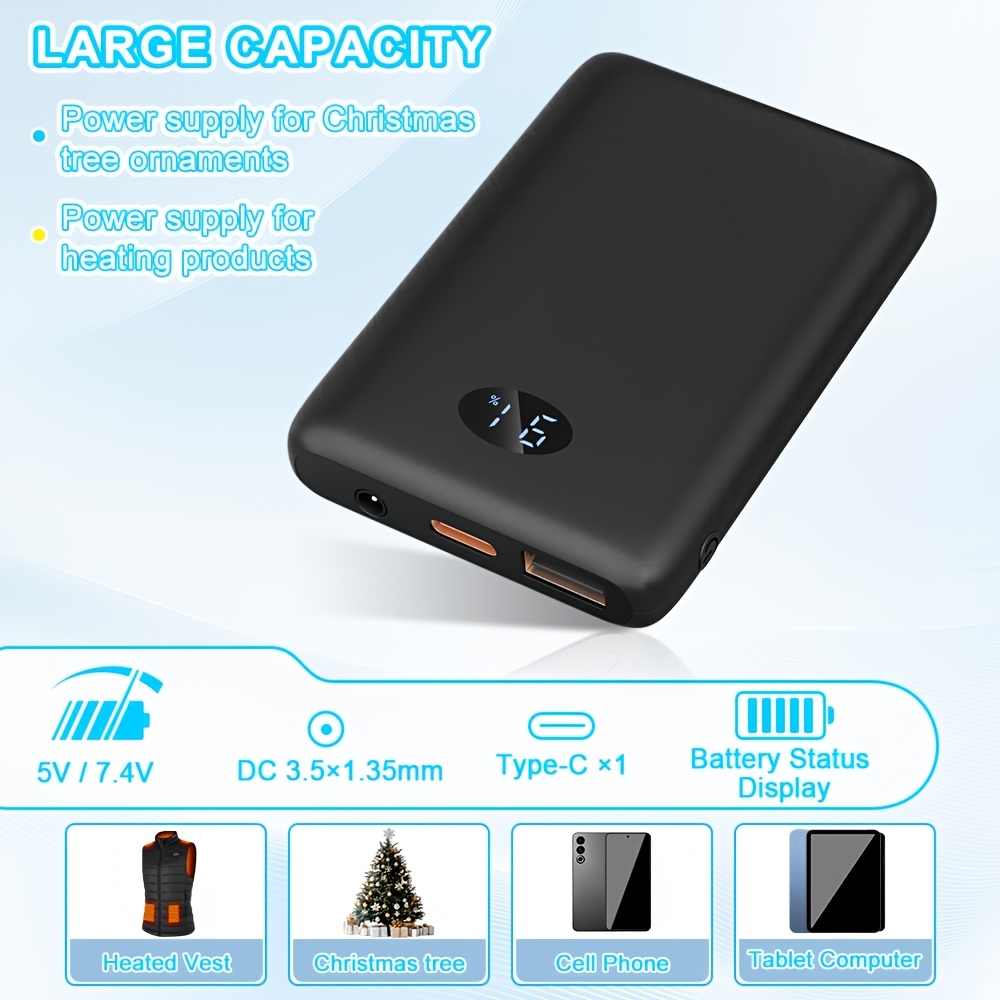 TEMU Batterie Chauffante de Grande Capacité 7.4V (/Usb/Type-C, Charge Rapide, Écran LED) - Alimentation des Vêtements Chauffants pour des Scénarios