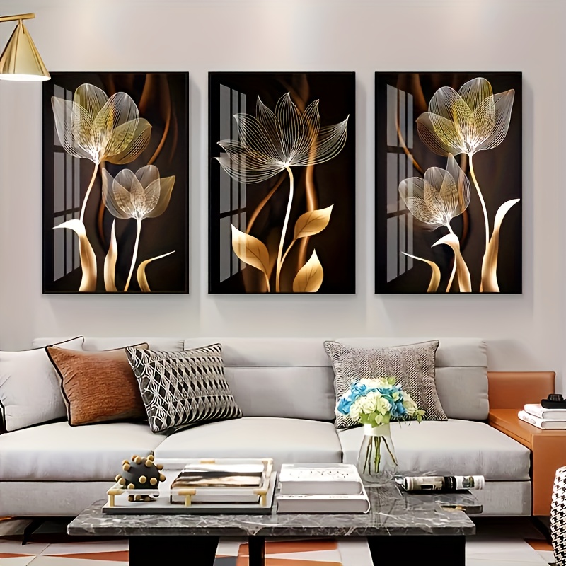 

3pcs Black And Gold Flower Wall Art Canvas Painting, For Living Room Decoration, Modern , Decorative Fine Painting Canvas