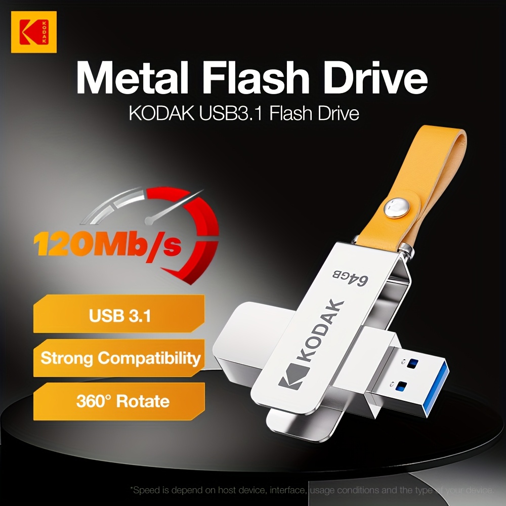 

Clé USB 3.1 Haute Vitesse KODAK K133 - à 360°, Design Métallique avec Lanière en Similicuir - 64GB/128GB/256GB/512GB - pour Ordinateurs Portables, PC & Plus