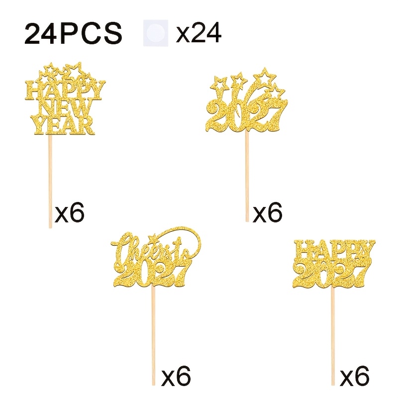 TEMU 24 adornos para cupcakes de 2027, 24 piezas, adornos dorados brillantes para pasteles con , ¡Salud por 2027, 2027 y diseño de estrella,