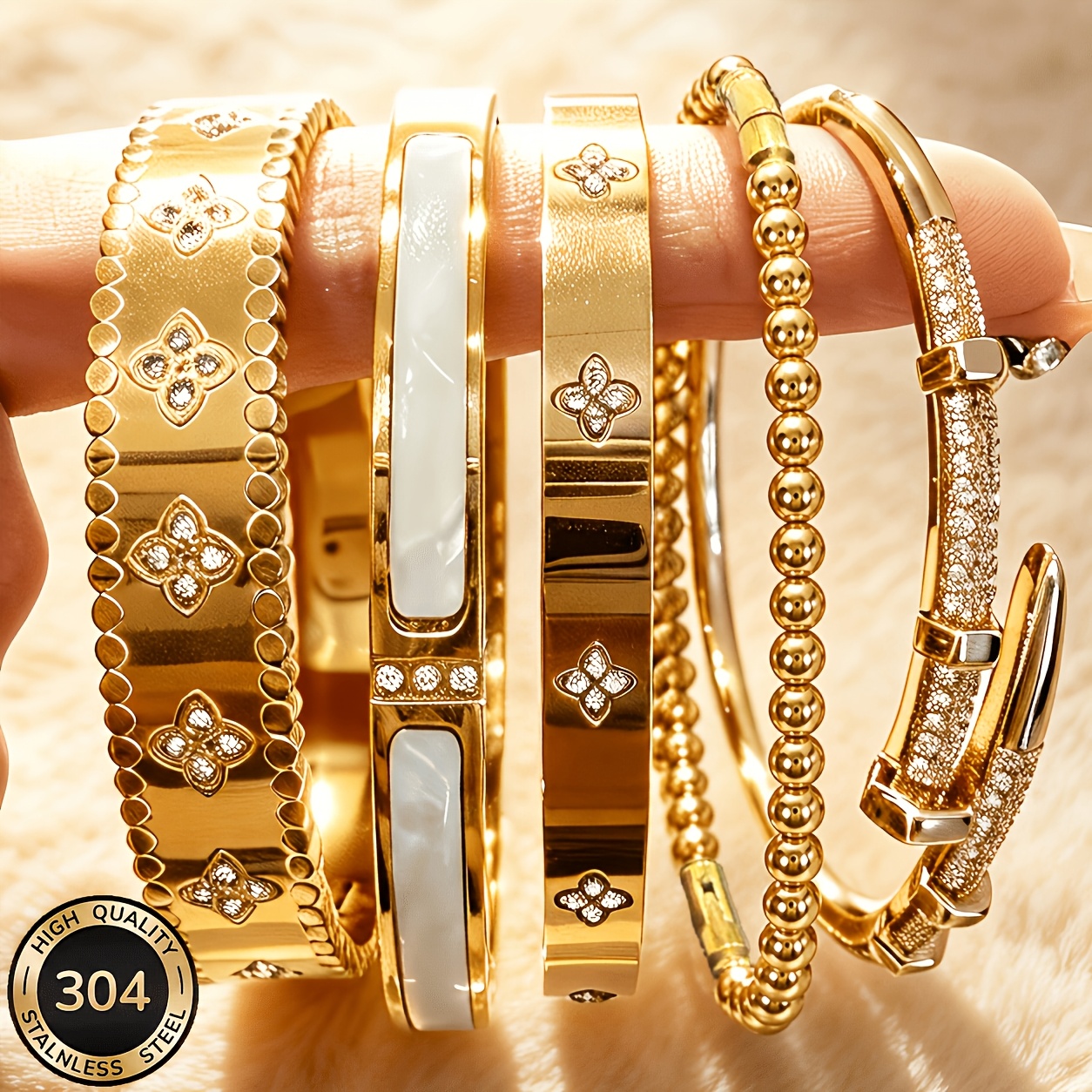 TEMU Ensemble de 5 bracelets pour femmes en acier inoxydable 304, finition mate, plaqué or , bracelets empilables en corde hypoallergéniques, bijoux
