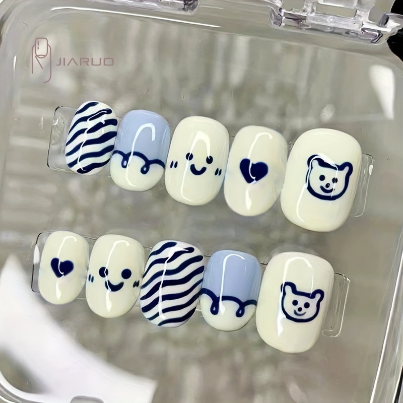 

24pcs Blue And Milky White Press On Nails, Cute Fake Nails With Cartoon Bear And Stripe Design, Short Square Shape False Nails For Women Girls