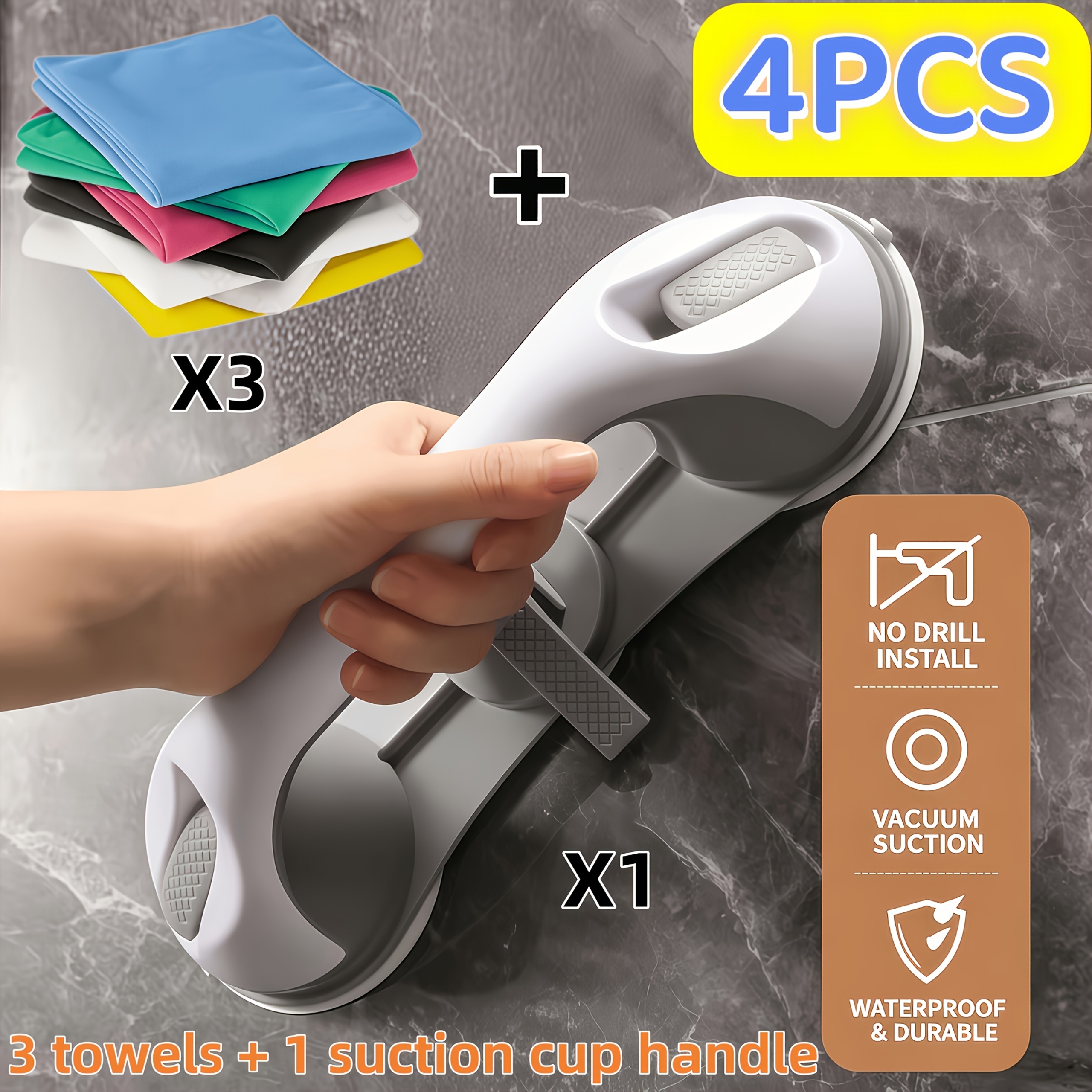 TEMU 4pcs Set (1 Upgraded 3-suction Shower Handrail+3 Random Color Towels) Non-drilled Bathroom Handrail, With Thick Suction Cups, Anti-slip And