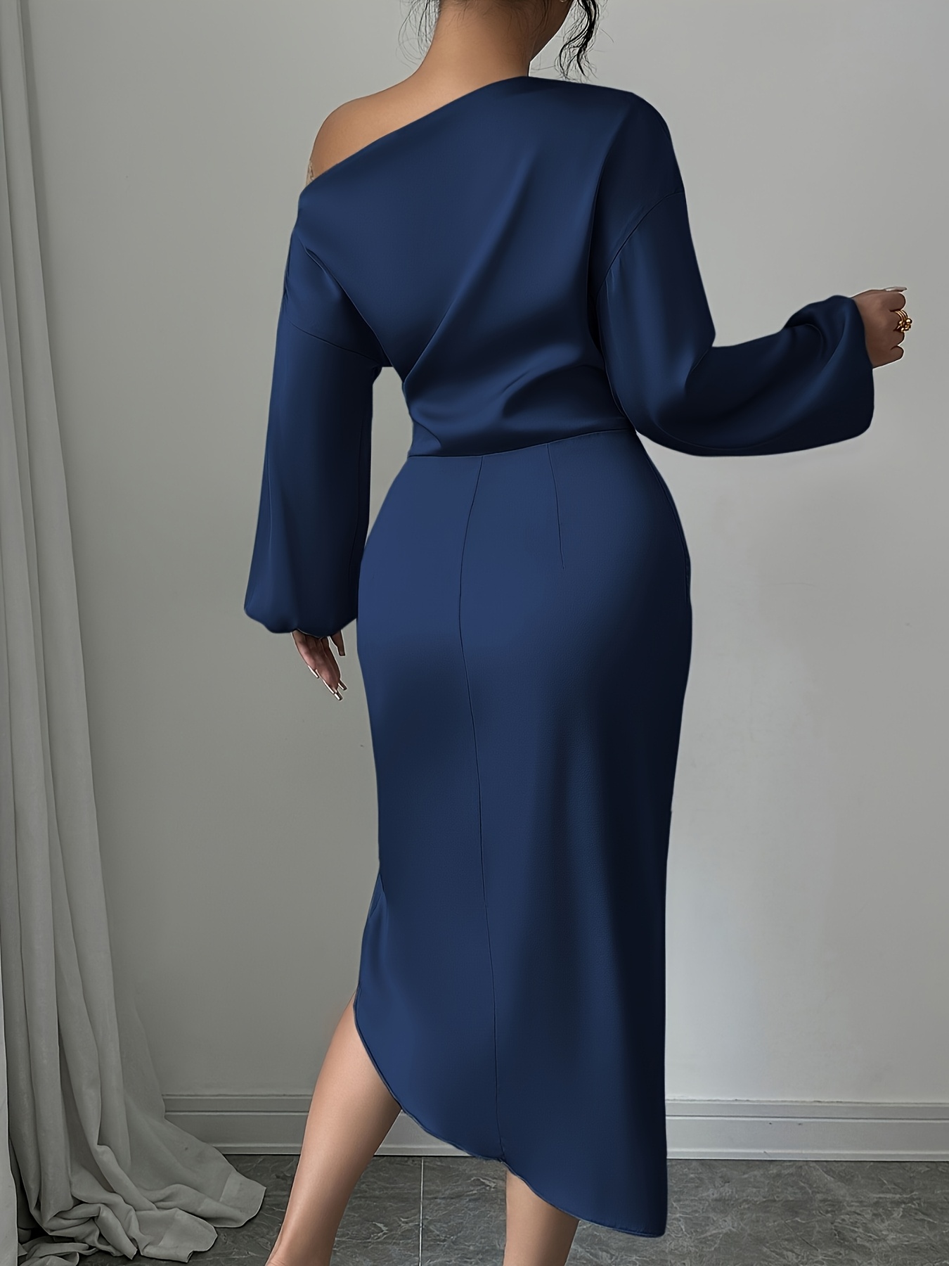 navy blue single shoulder pencil dress slit elegant winter - Temu New  Zealand