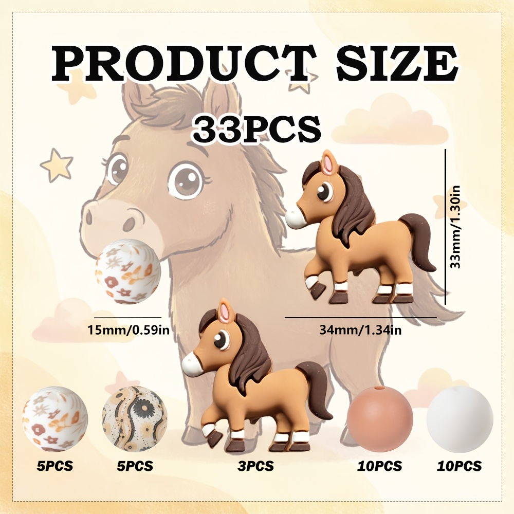 TEMU 33 pièces Perles en Série Cheval & Animaux Style Cowboy Western, Perles libres en , Perles rondes marron, Kit de bricolage Accessoires pour
