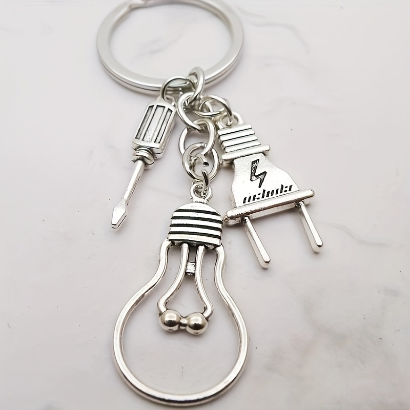 Image of Crafty Charm, Funky Electrician's : Alloy Screwdriver & Light Bulb Keychain - 's Backpack Charm For Dad Or Grandpa