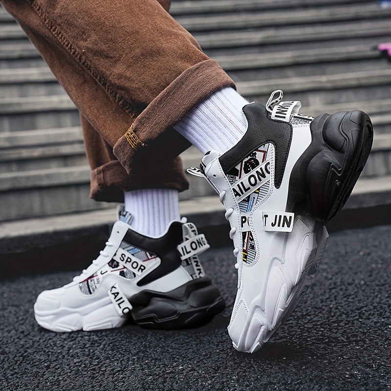 Zapatillas casuales de caña alta para hombre con patrón aleatorio, ajuste universal, cierre de cordones, uso para todas las estaciones, punta redonda, suela de PVC, plantilla de tela y parte superior de imitación.