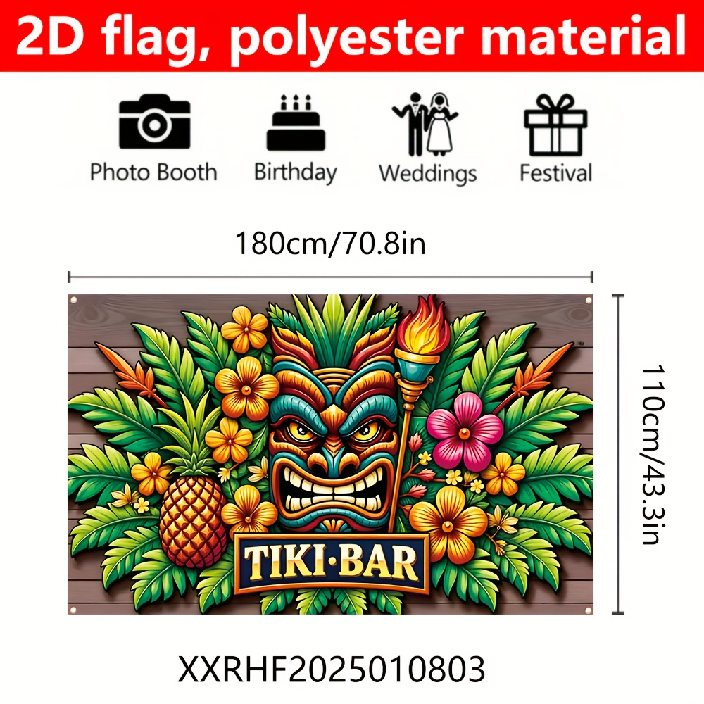 TEMU 1 2D, banderín de bar Tiki, 180 cm * 110 cm / pulgadas * 43.3 pulgadas, pancarta tropical para fiestas temáticas y celebraciones hawaianas,