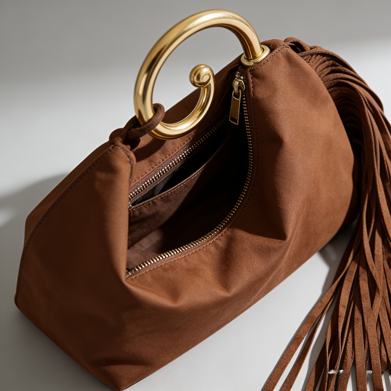 A Luxurious Suede Handbag for The Fall And Winter Seasons, Featuring a Stylish Vintage Tassel Design Available in Four Colors (Burgundy, Purple-Brown, Coffee), with an Optional Premium Texture, an Elegant Tassel Handbag