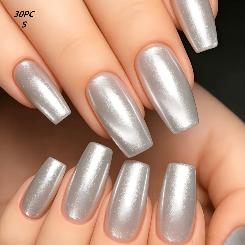 TEMU Clear Glass Bead Cat-eye Fine Glitter Base, Long Stiletto Nail Shape To Enhance Hand Appearance, 30pcs In Multiple All Nail Surfaces, No Curing