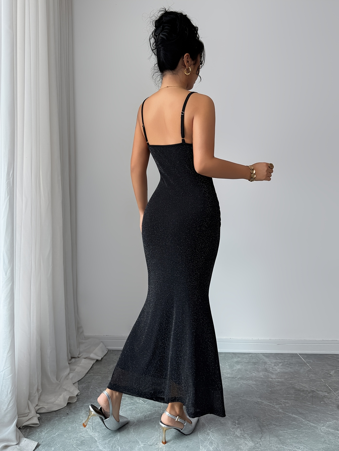 womens black sequined mesh midi slip dress elegant fitted