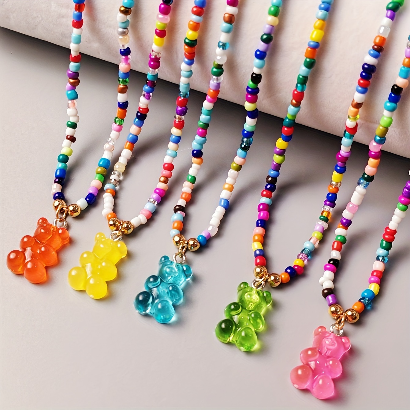 

5-pack Y2k Cute And Sweet Colorful Beaded Jelly Bear Necklaces For Girls - Perfect For Everyday Wear, Music Festivals, And As A Gift - Made With Glass