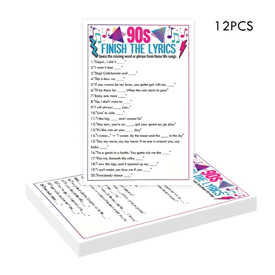 TEMU 12 cartes de devinettes pour fête, cartes de questions-réponses sur les chansons des années 90, jeu de queue pour invités, cartes de jeu