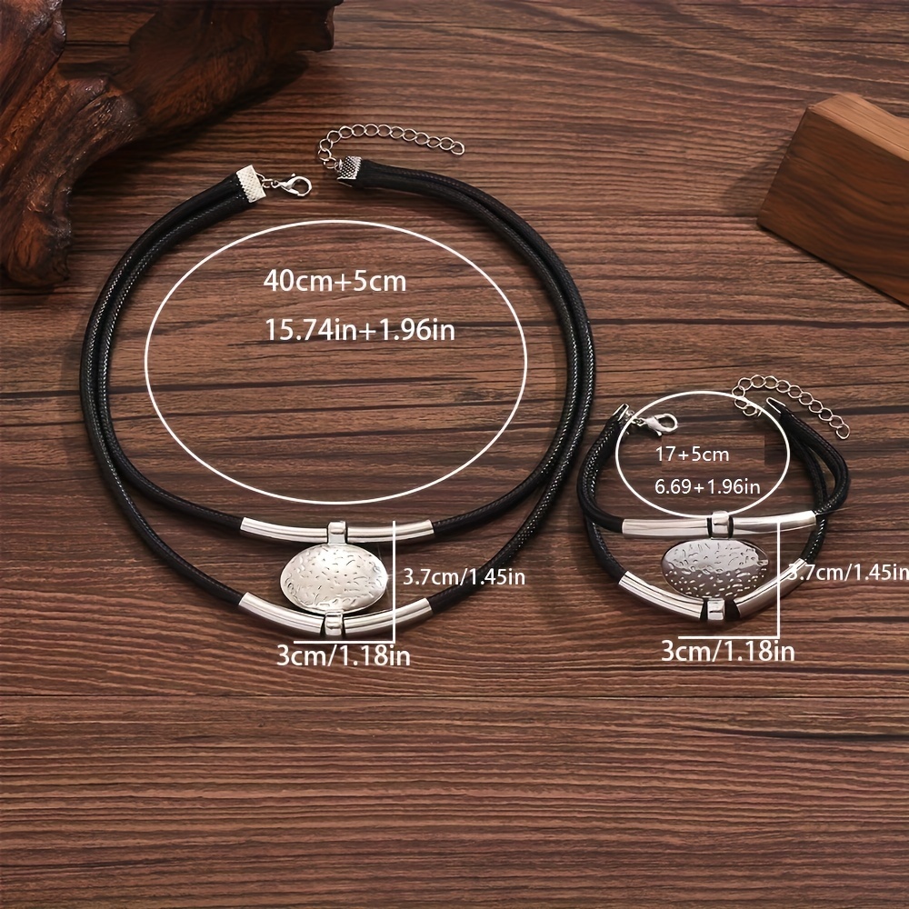 Retro Double layer Rope Geometric Oval Necklace And Bracelet Set