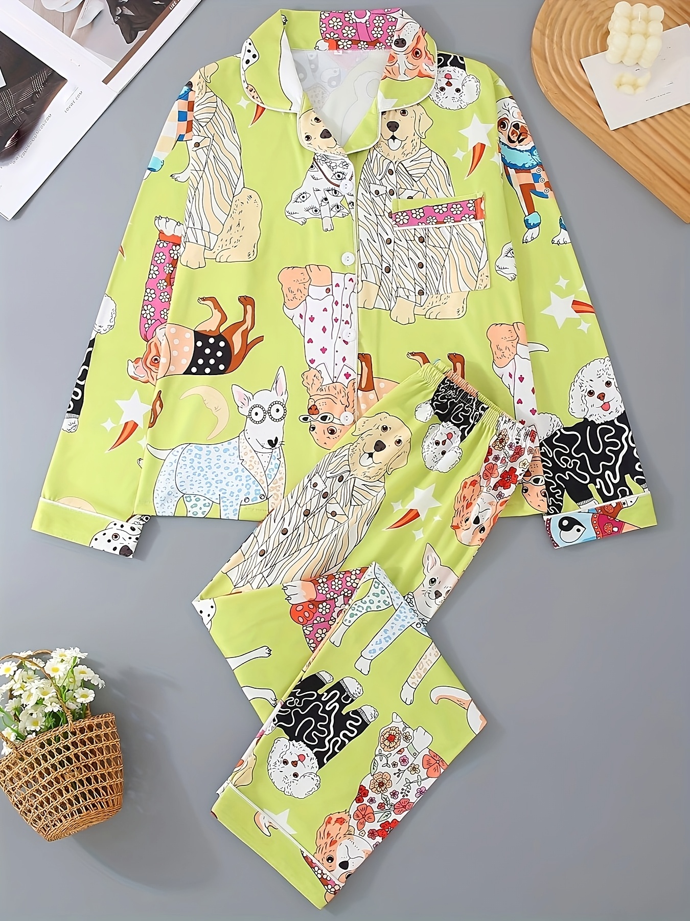 cute cartoon dog print   long sleeve button up collar top and pants casual and comfortable loose   for wearing at home womens two piece pajama set Product details 3