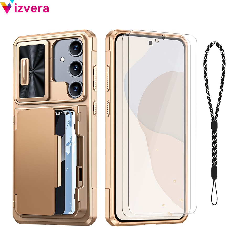 TEMU For For Galaxy A35 5g (including 2pcs Tempered Glass Screen Protector)(with Mobile Phone Strap), Card Holder (4 Cards) & Camera Cover &