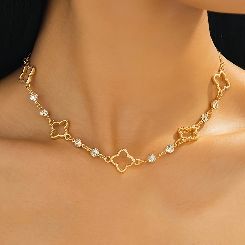 TEMU 1pc Elegant Luxurious Summer Sparkling Hollow Sweet Clover Pendant Necklace For Women