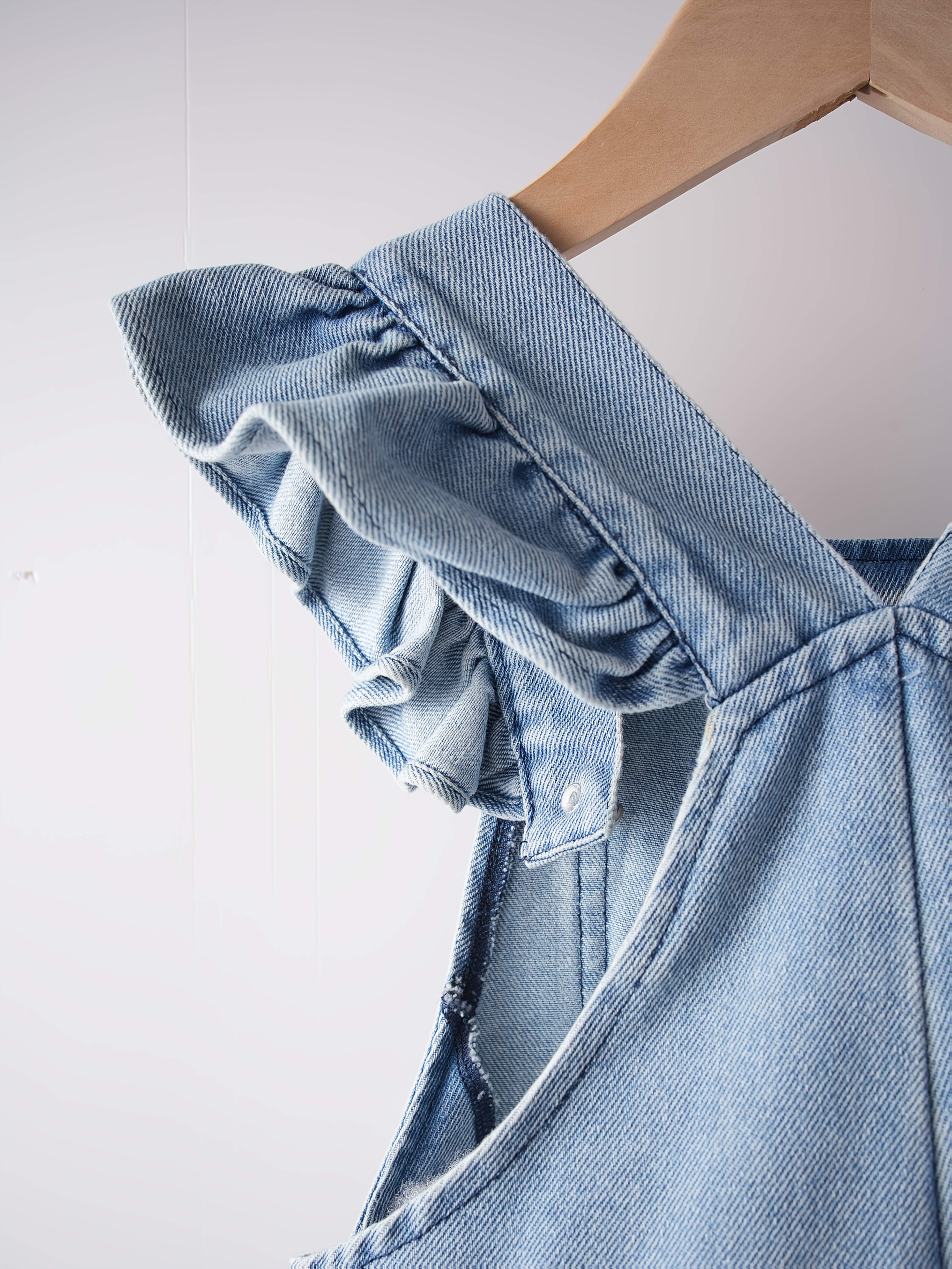 light blue denim pinafore dress AE Denim Ruffle Pinafore Mini Dress