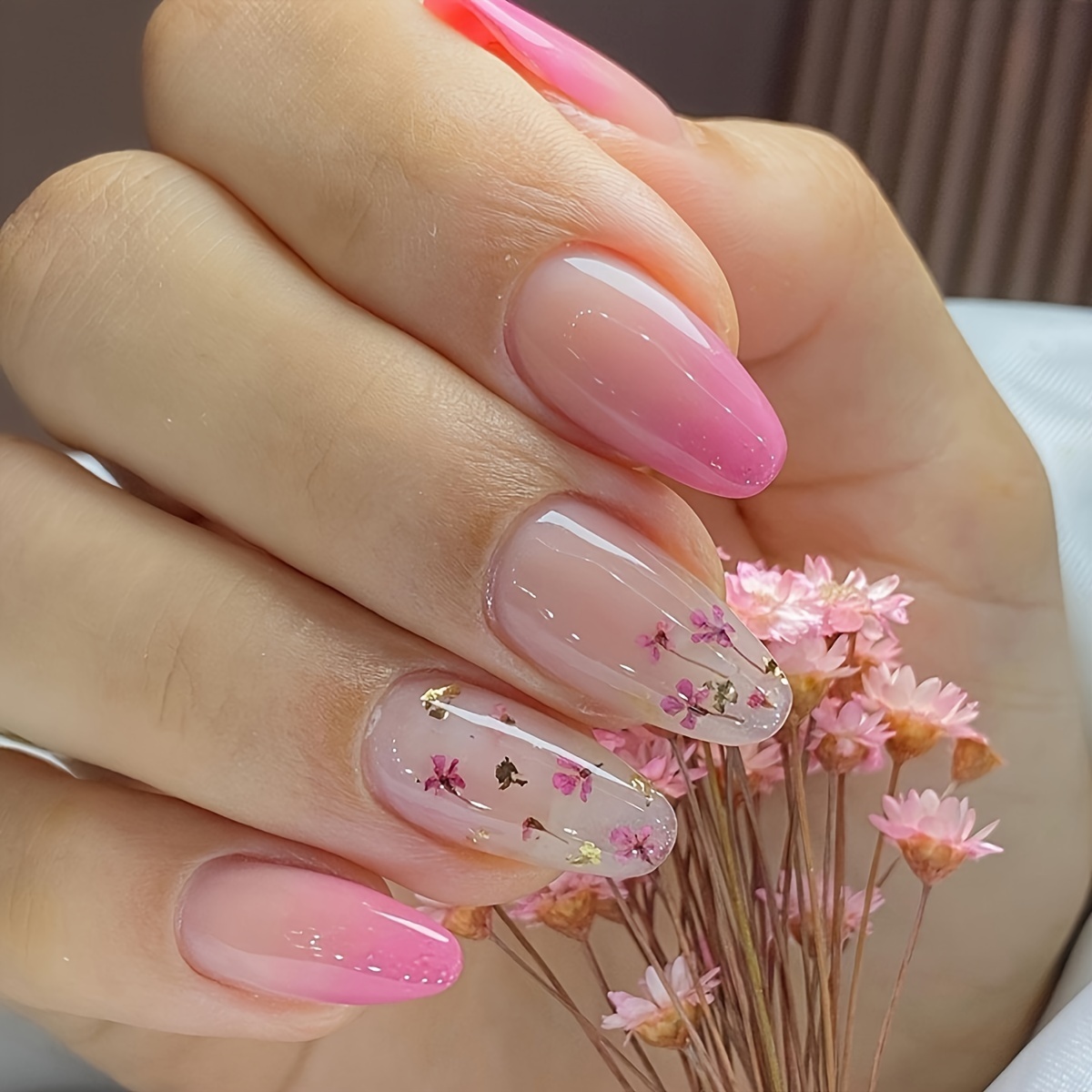 Image of 24pcs Cute Floral Almond Press-on Nails Pink Gradient Floral Nail Romantic Suitable For Women And ' Daily Wear