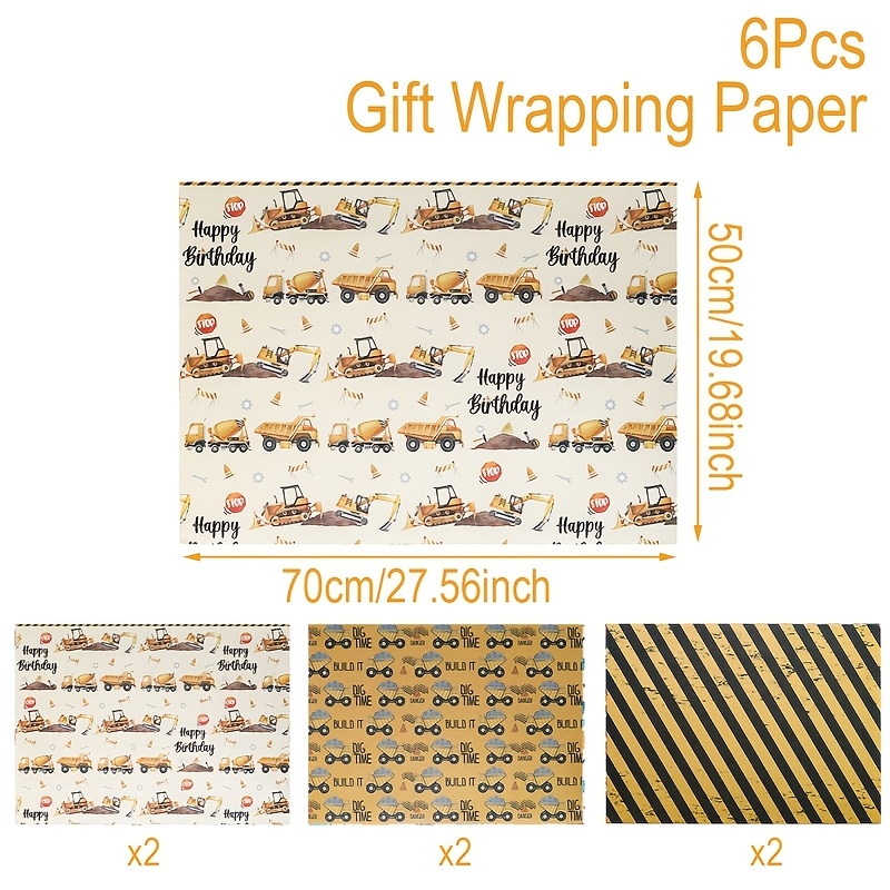 TEMU 3/6pcs,mixed Engineering Vehicle Birthday Wrapping Paper,construction Theme Party Gift Packaging Paper,happy Birthday Party Decor,1st Birthday