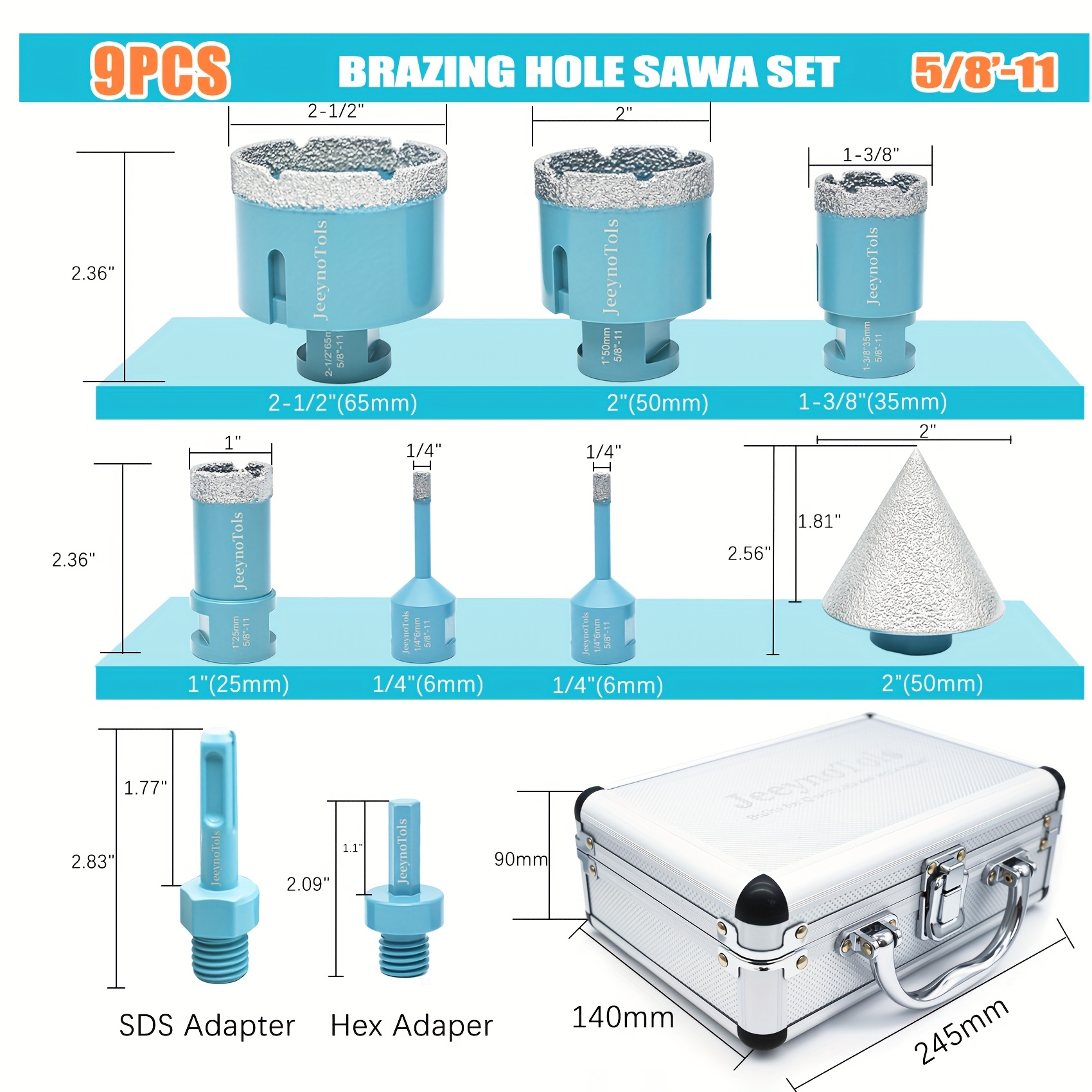 TEMU 9pcs Dry Diamond Core Drill Bits Set, 6/6/25/35/50/65mm Drill Bit & 50mm Beveling Chamfer Bit & 2pcs Adapter, For Drilling Shape Enlarge 5/8-11