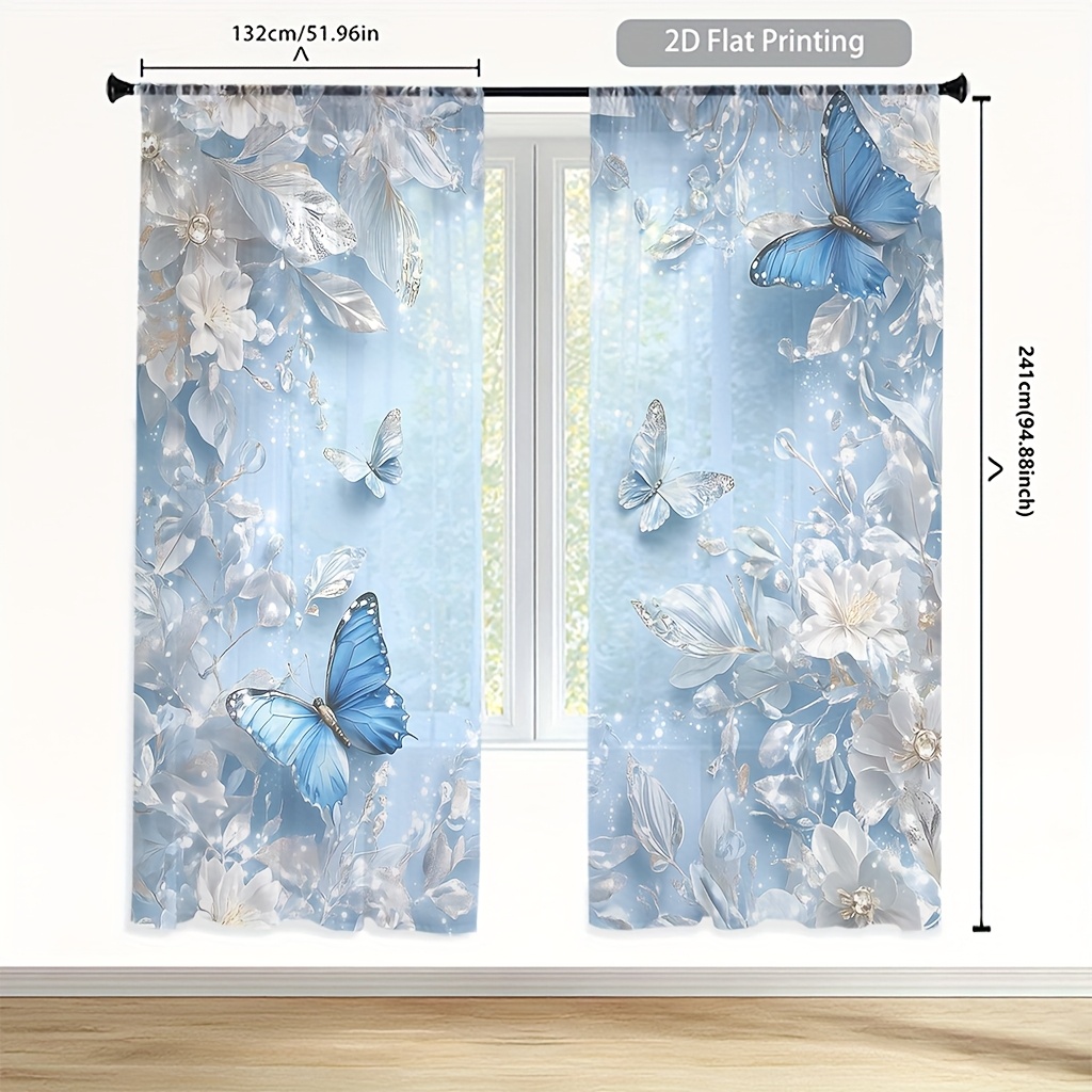 TEMU 2pcs 2d Flat Printing Light Blue Floral Printed Sheer Curtains Series Translucent Semi-transparent Living Room, Kitchen And Bedroom Polyester