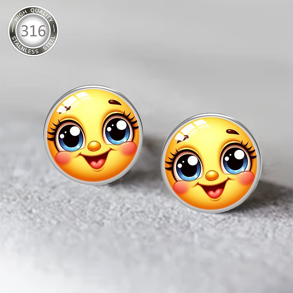 Women's Smiling Sun Design Stainless Steel Earrings with Glass Inlay