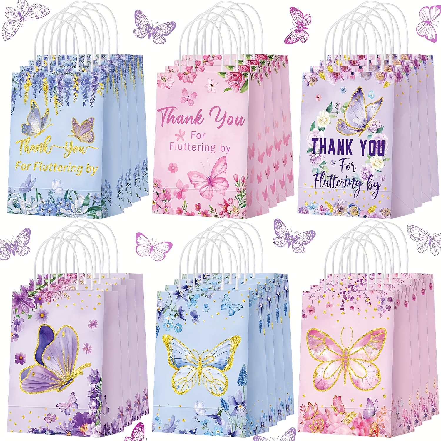 

24pcs, Butterfly Party Favors Butterfly Gift Bags Pink Purple Flowers Candy Treat Goodie Bags Thank You For Fluttering By Paper Bags With Handles For Birthday Party Supplies Baby Shower