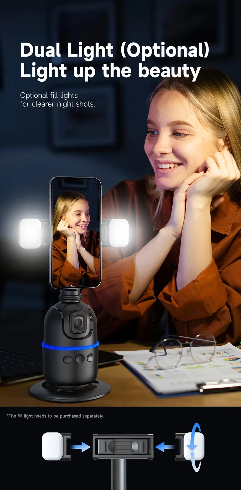 trépied de automatique du visage, application requise, rotation à 360 °, support de téléphone pour caméra de corps de visage, support de de téléphone intelligent pour la vidéo en direct vlog, accessoires de batterie rechargeables selfie détails 2