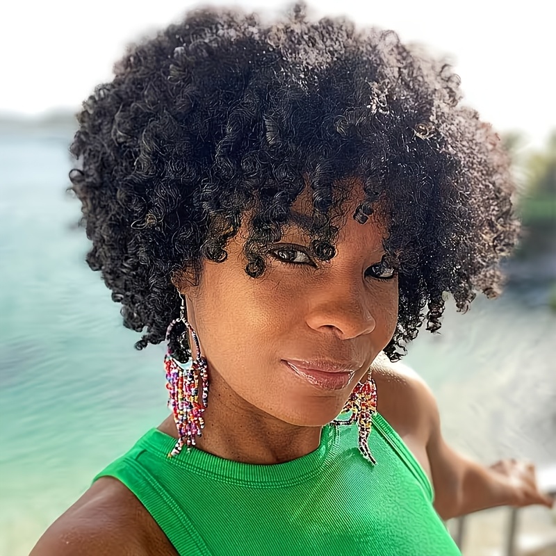 200% Brazilian Human Hair Afro Wig Short Wig With Bangs, Non-lace Rose , For Daily Party & Date & Vacation