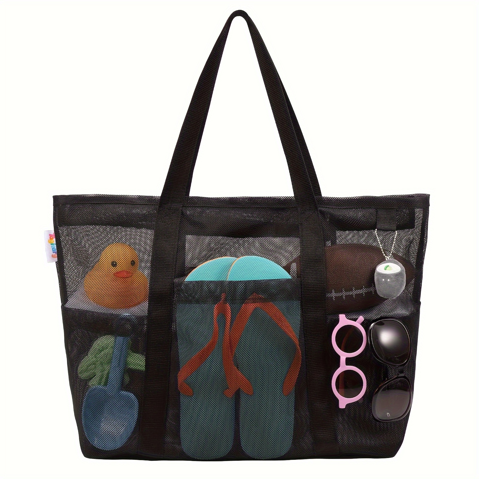 TEMU 1pc Mesh Beach Bag With Zipper Large Beach Tote High Quality With 8 Pockets For Toys Pool Bag Beach Accessories